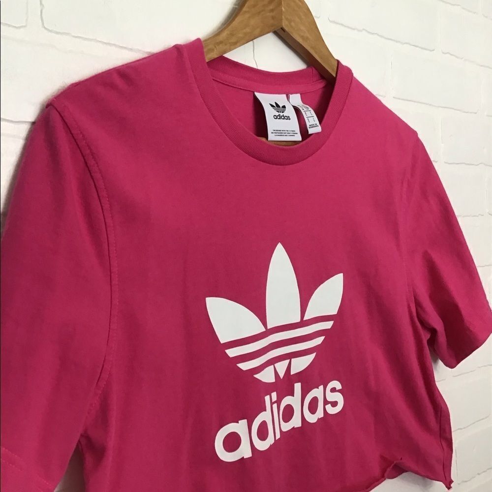 ADIDAS pink cut off t-shirt crop tee white logo short sleeves scoop small